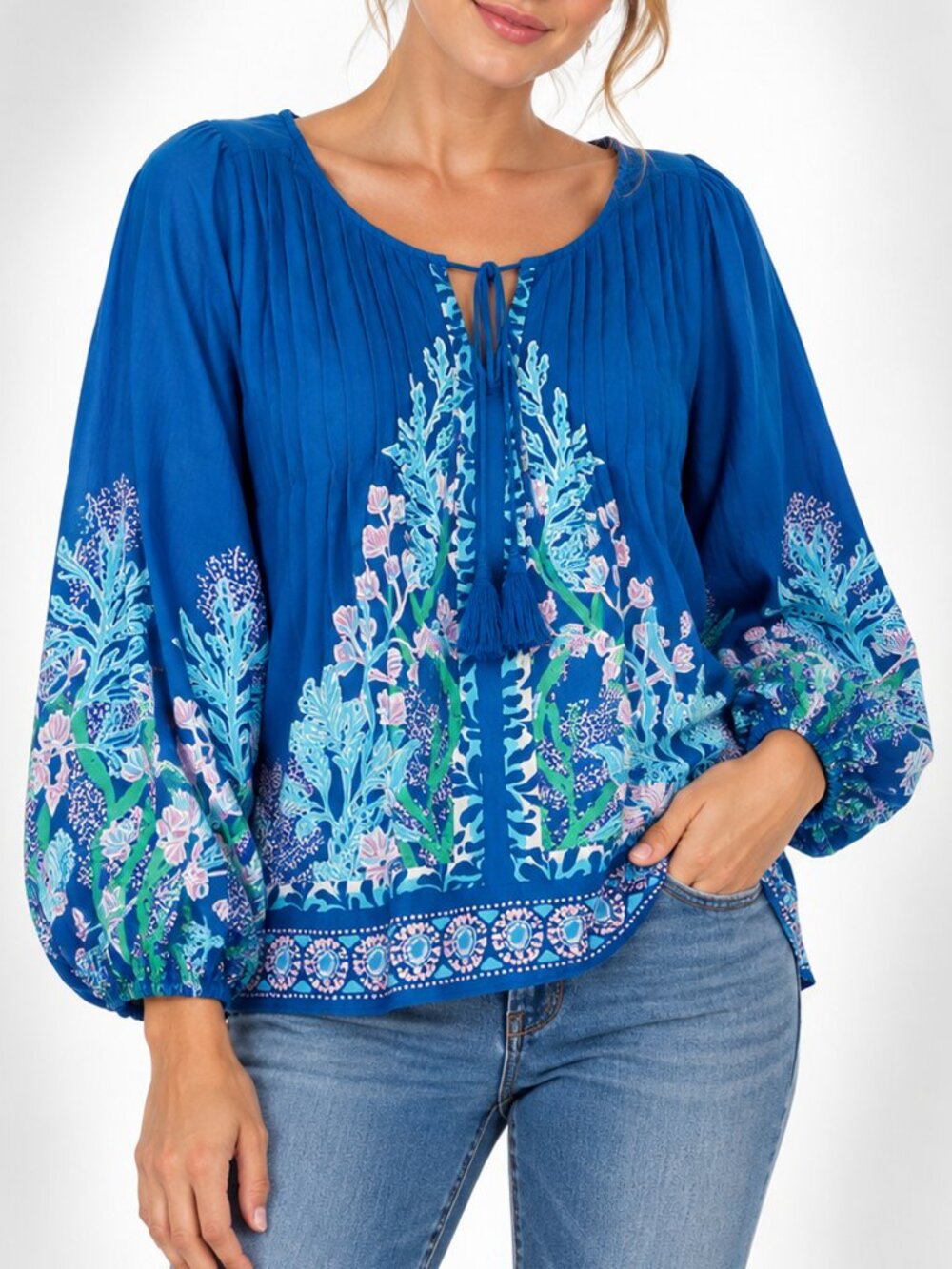 Lilly Pulitzer Marilina Tunic XL Flocking to Paradise Blue Floral Tassel Top